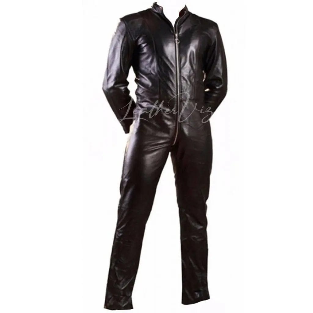 Zipper Front Men Black Leather Jumpsuit