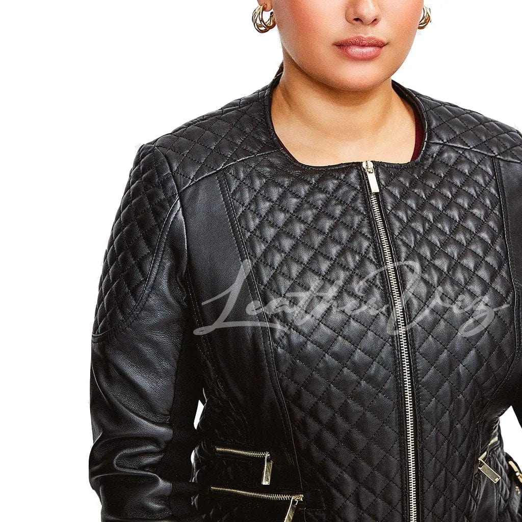 WOMEN QUILTED STYLE BIKER LEATHER JACKET - Image #2