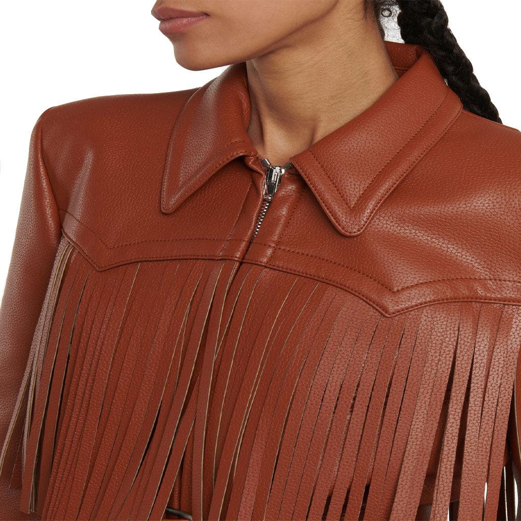 Womens Leather Fringe-Trimmed Jacket - Image #4