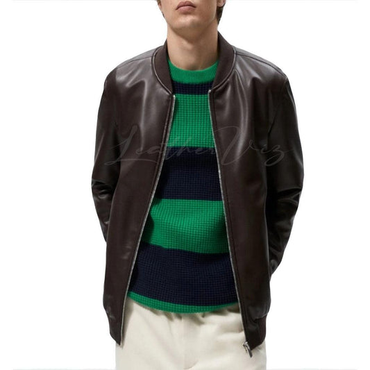 MENS ITALIAN LEATHER BOMBER JACKET BROWN - Image #1