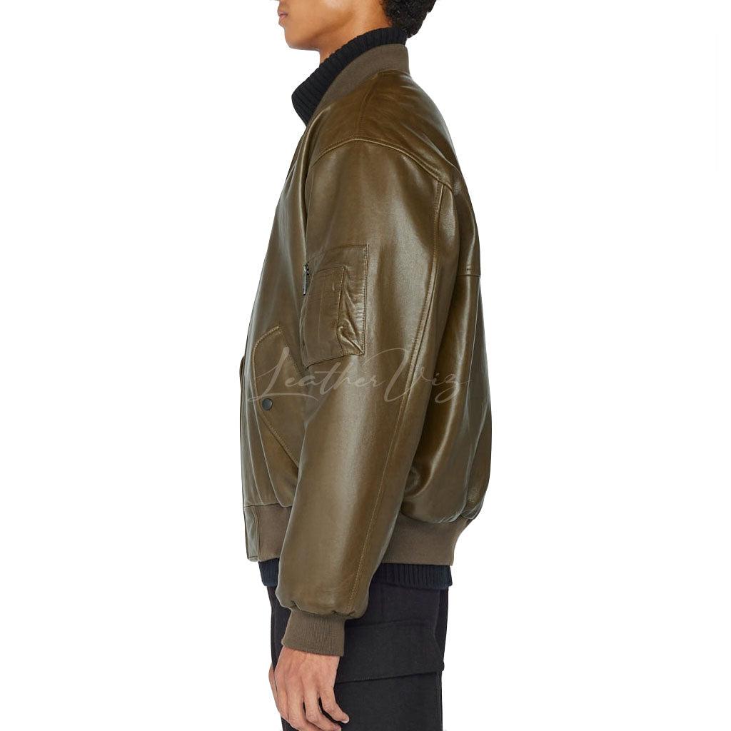 MEN LEATHER BOMBER IN OLIVE GREEN - Image #1