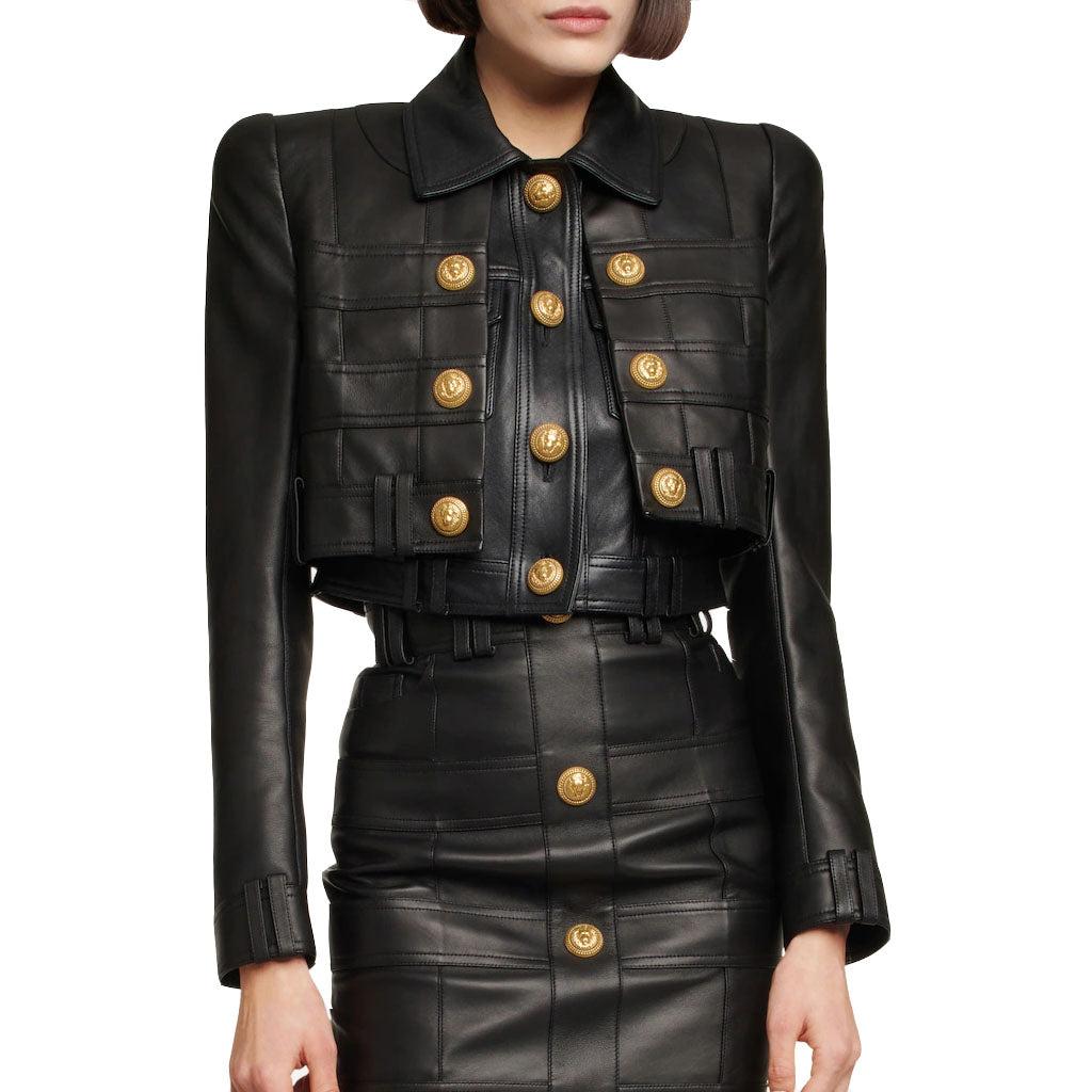 Quilted Women Cropped Leather Jacket - Image #3