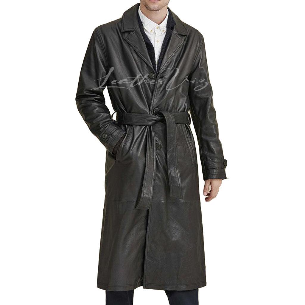 BELTED STYLE MEN LEATHER TRENCH COAT