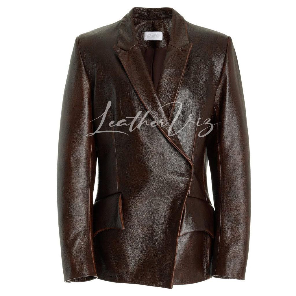 ASYMMETRIC FRONT WOMEN LEATHER BLAZER - Image #1