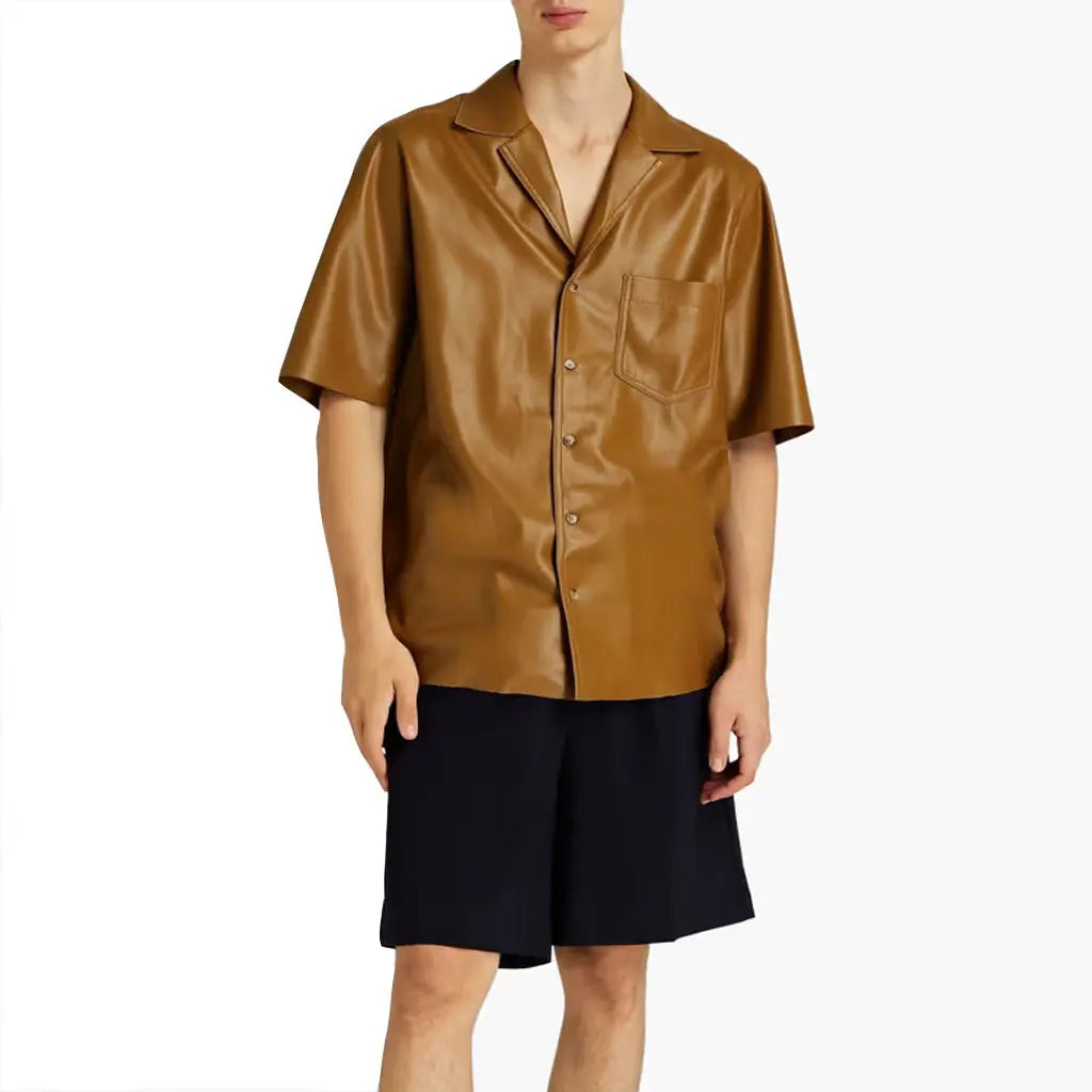 Minimal Light Brown Men Leather Shirt - Image #1