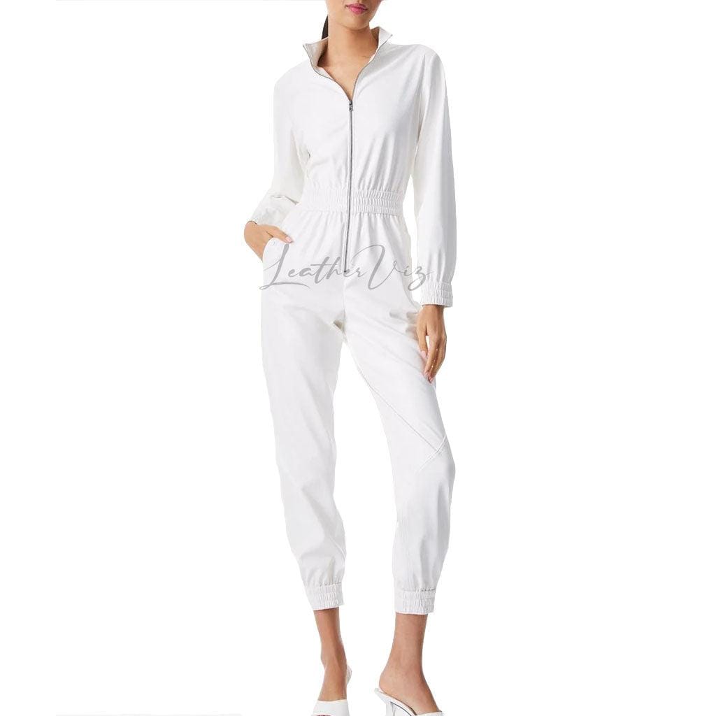 WHITE LEATHER FRONT ZIPPER JUMPSUIT FOR WOMEN - Image #1