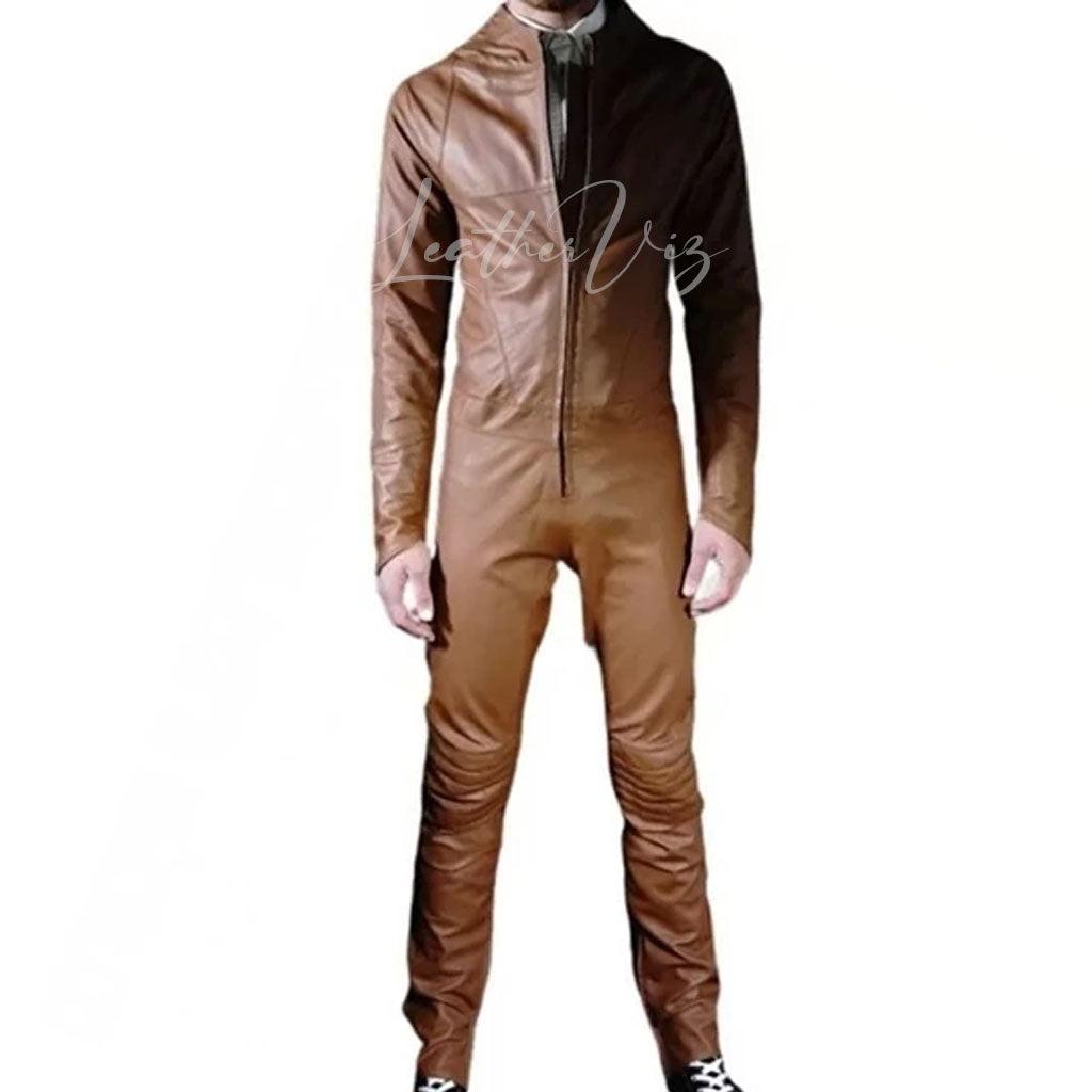 BROWN LEATHER MOTORCYCLE MEN LEATHER OVERALLS 