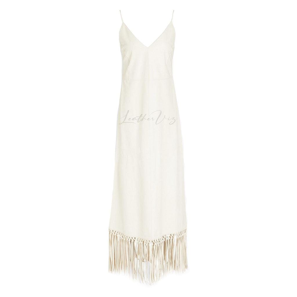 WOMEN'S VALENTINE'S DAY FRINGED WHITE LEATHER MAXI DRESS - Image #2