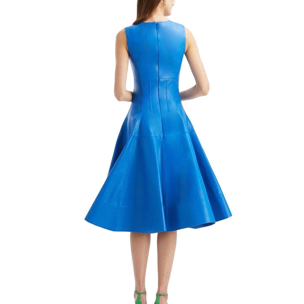 Blue Sleeveless A-Line Leather Dress - Image #3