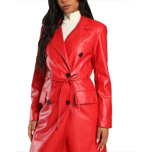 RED LEATHER  DOUBLE-BREASTED WOMEN TRENCH  COAT - Image #2