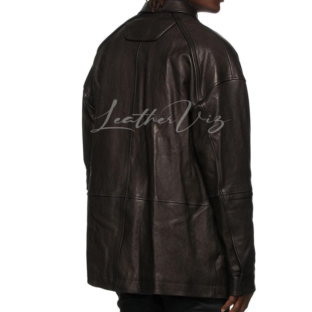 BLACK LEATHER CAR COAT FOR MEN - Image #3