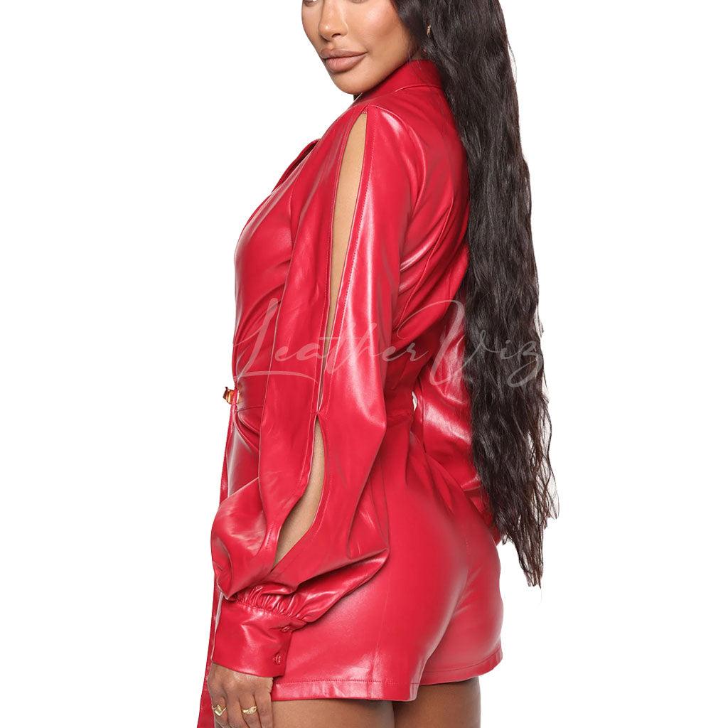 RED FAUX LEATHER MINI ROMPER - Image #2