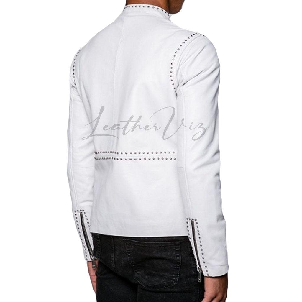 STUDDED WHITE LEATHER MEN MOTORCYCLE JACKET - Image #3