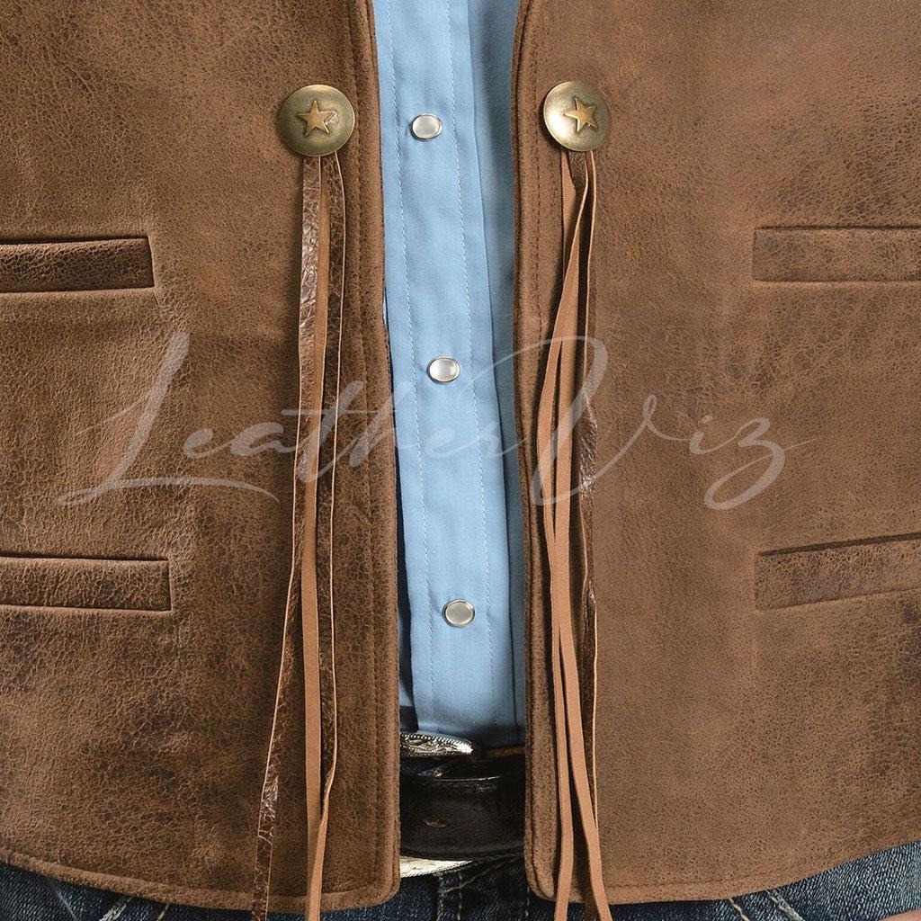 BROWN LAPEL LEATHER VEST FOR MEN - Image #2