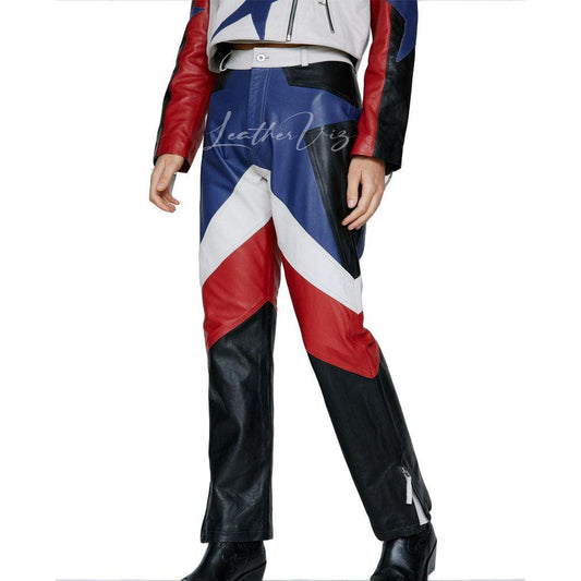 COLORBLOCK STYLE REAL LEATHER STAR STRAIGHT LEG PANTS - Image #1