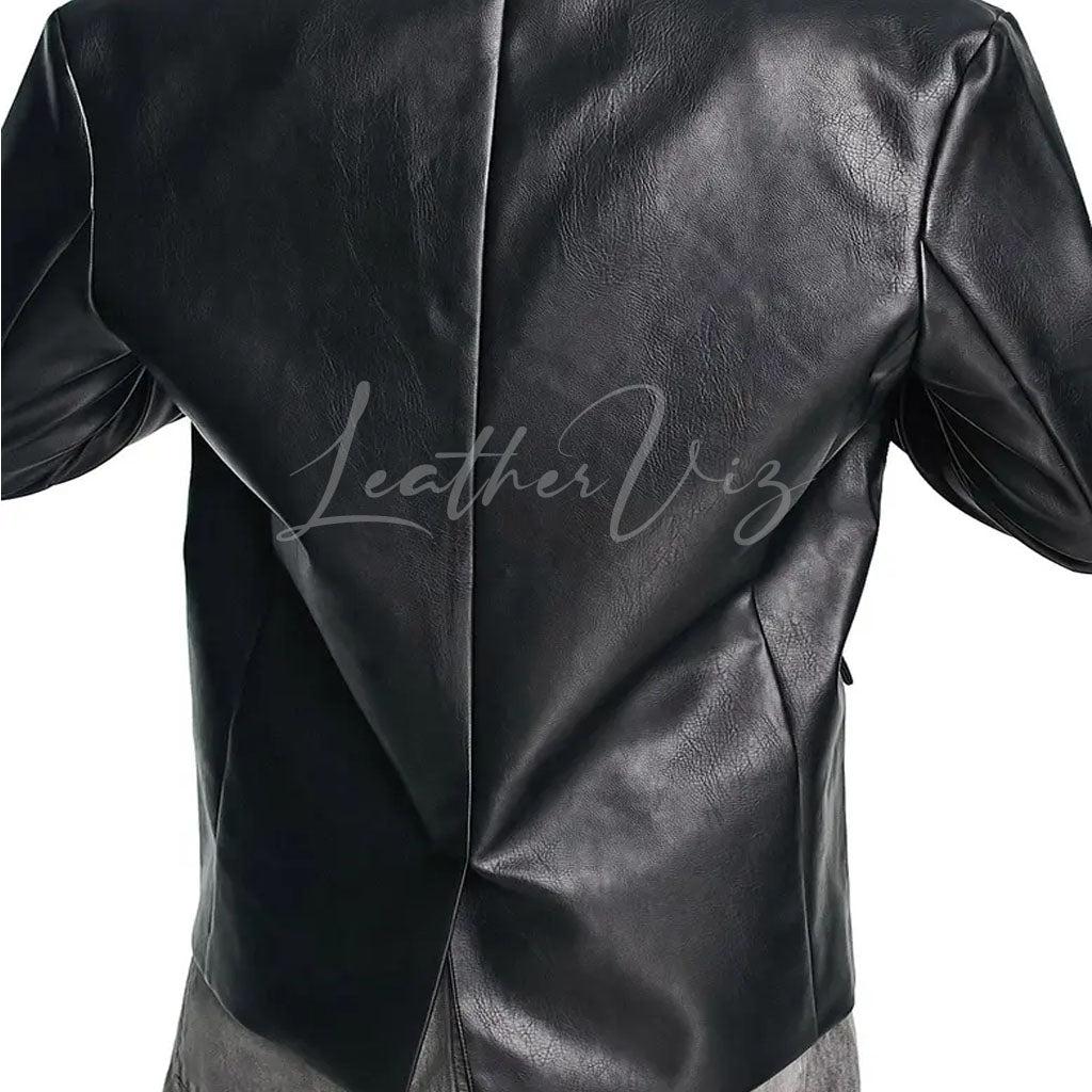 TWO BUTTON DOWN MEN BLACK LEATHER BLAZER - Image #2