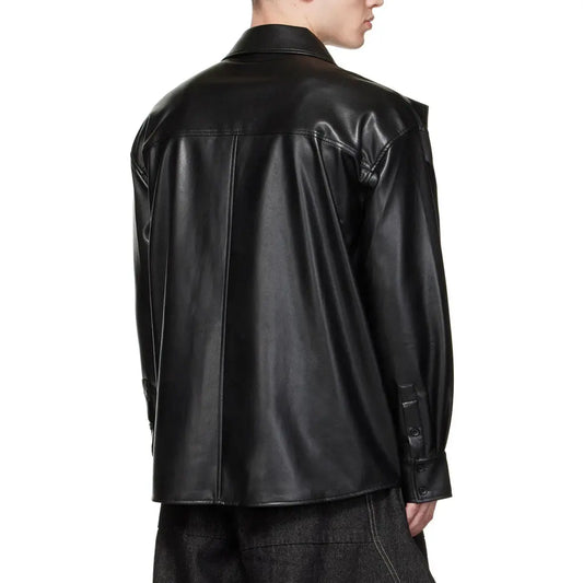 Pointed Collar Men Black Leather Shirt - Image #2