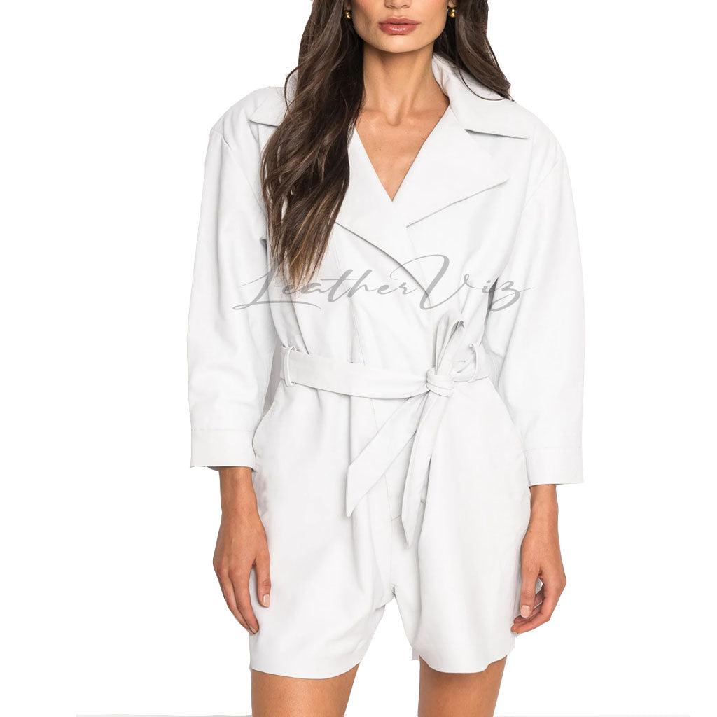 WOMEN WHITE LEATHER MINI JUMPSUITS - Image #1