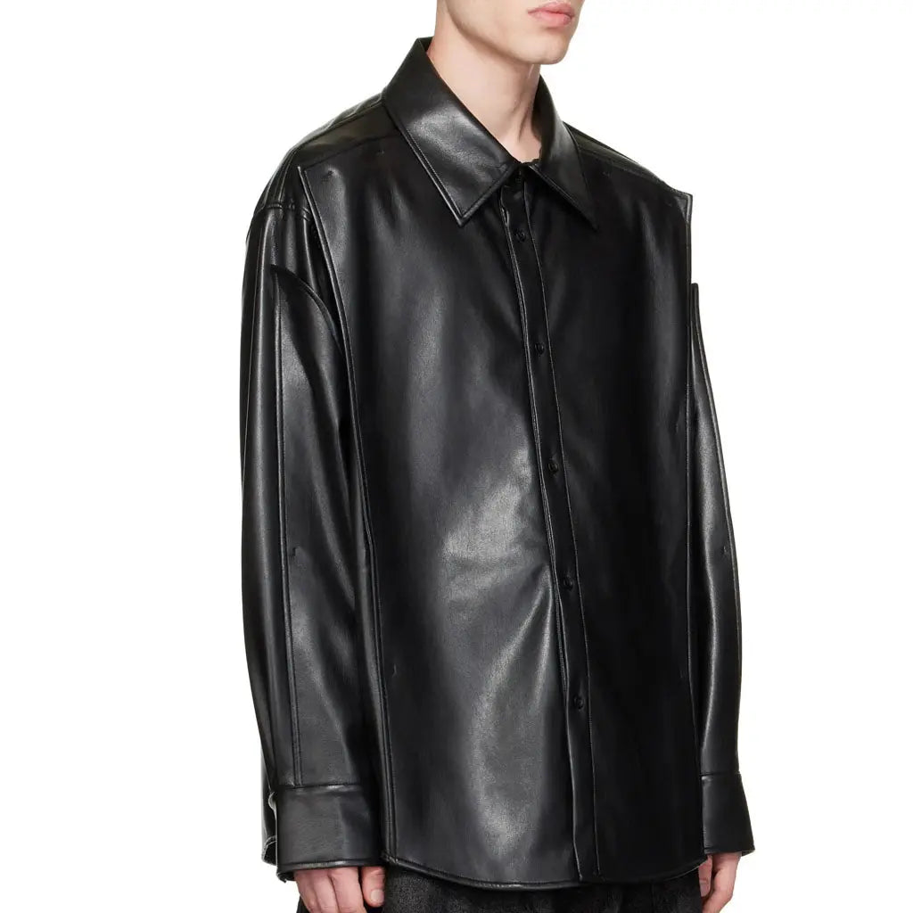 Pointed Collar Men Black Leather Shirt - Image #3