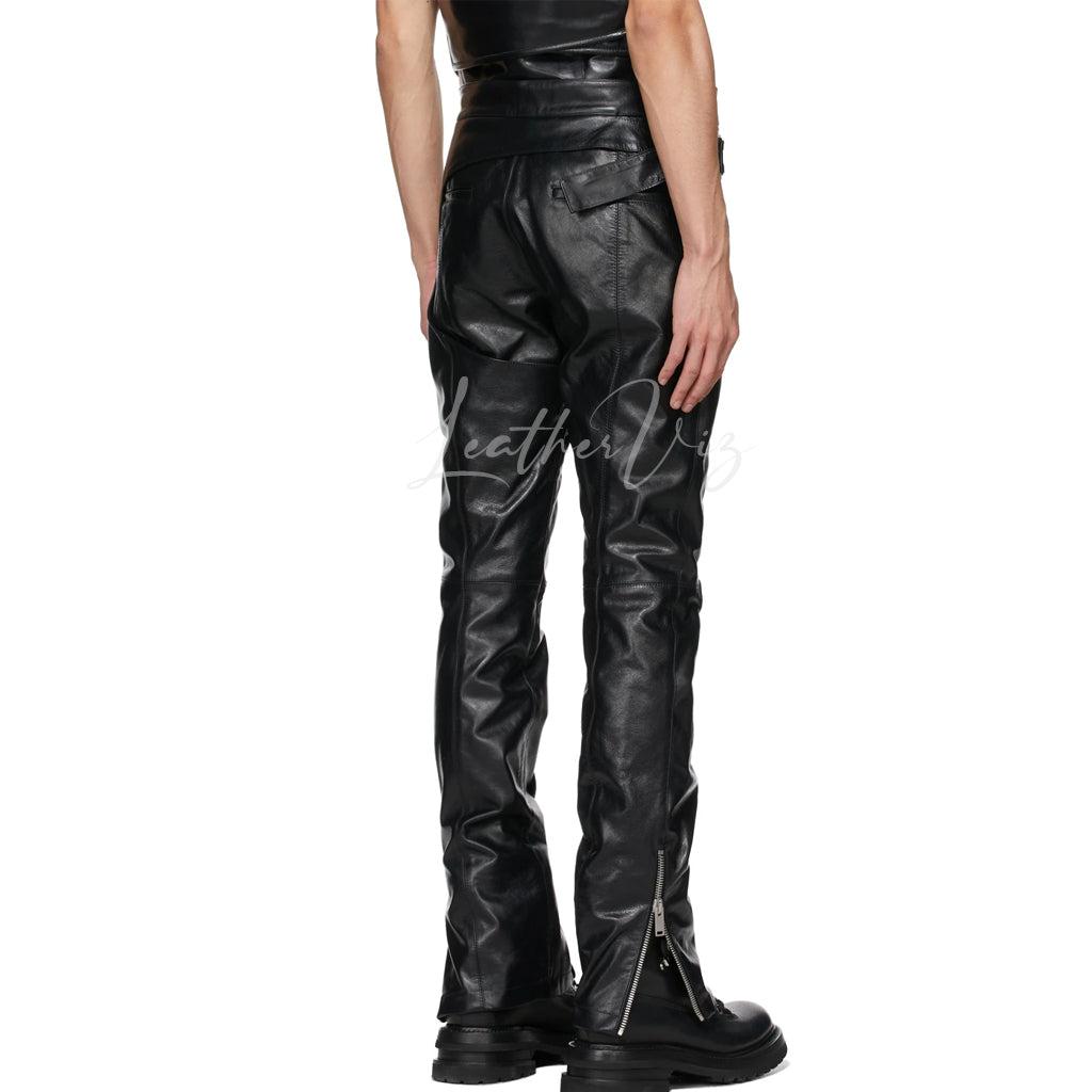 BLACK LEATHER BRACE BIKER TROUSERS FOR MEN - Image #3