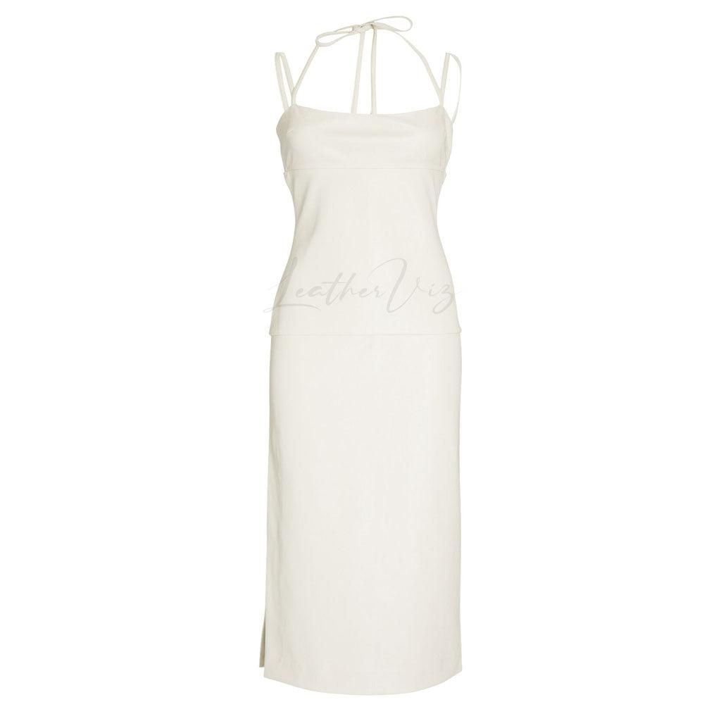 DOUBLE STRAP WOMEN WHITE  LEATHER MIDI DRESS - Image #1