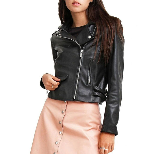 Women Black Leather Cropped Jacket - Image #1