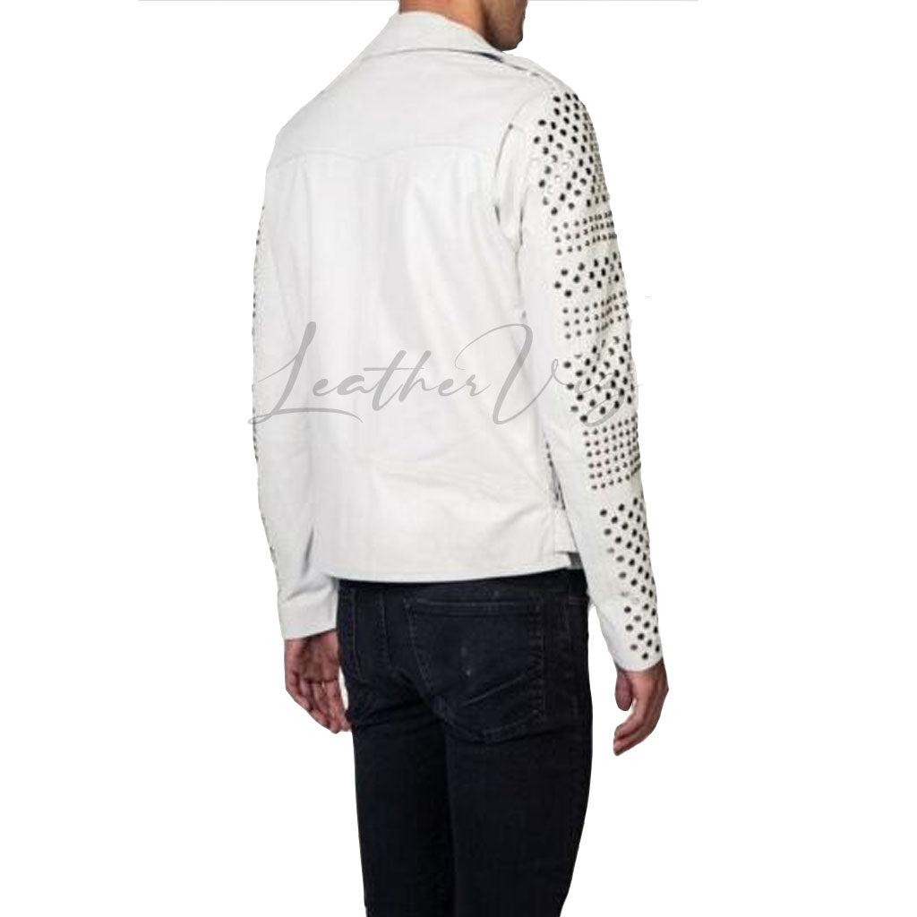 WHITE SLIVER STUDDED MEN BIKER LEATHER JACKET - Image #2