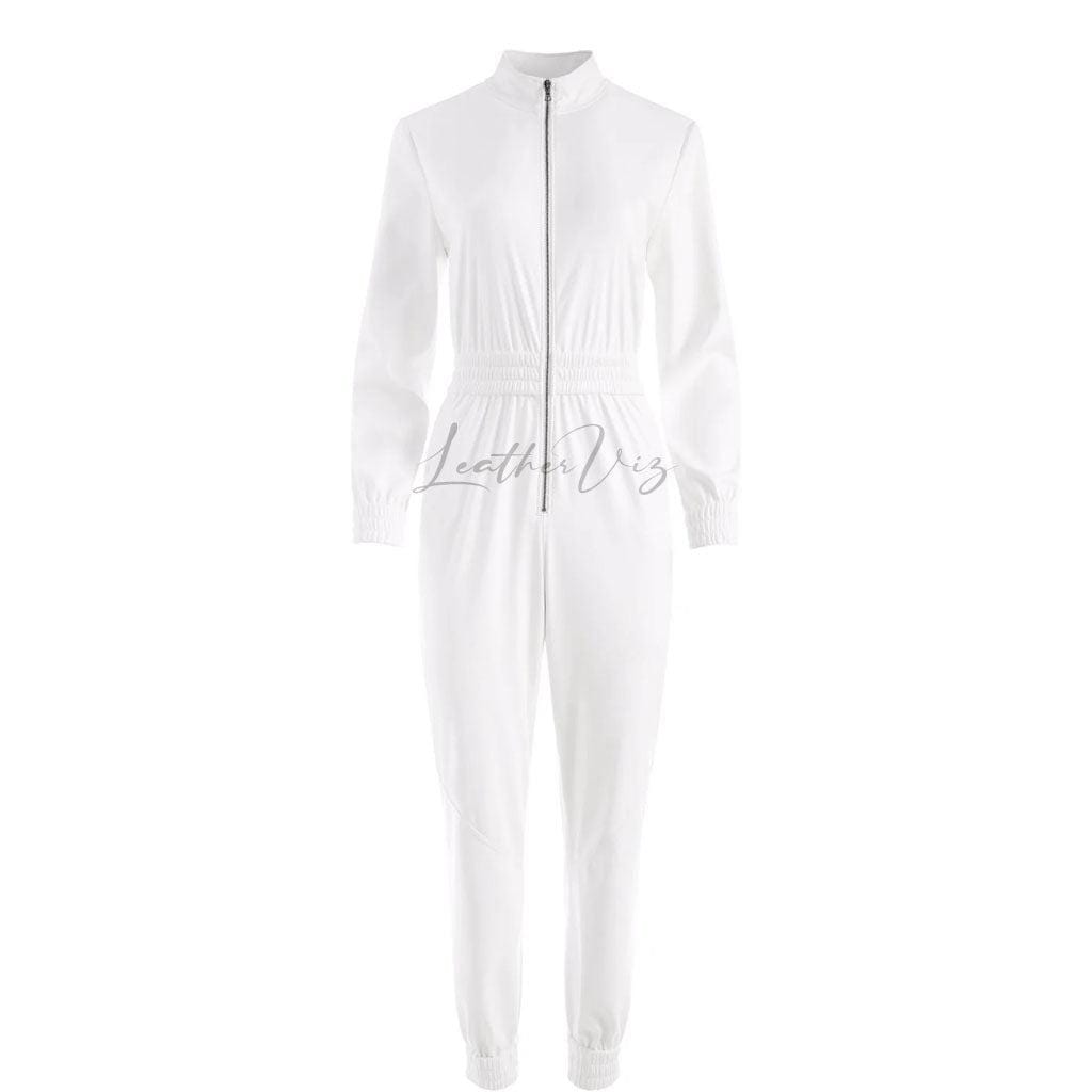 WHITE LEATHER FRONT ZIPPER JUMPSUIT FOR WOMEN - Image #3