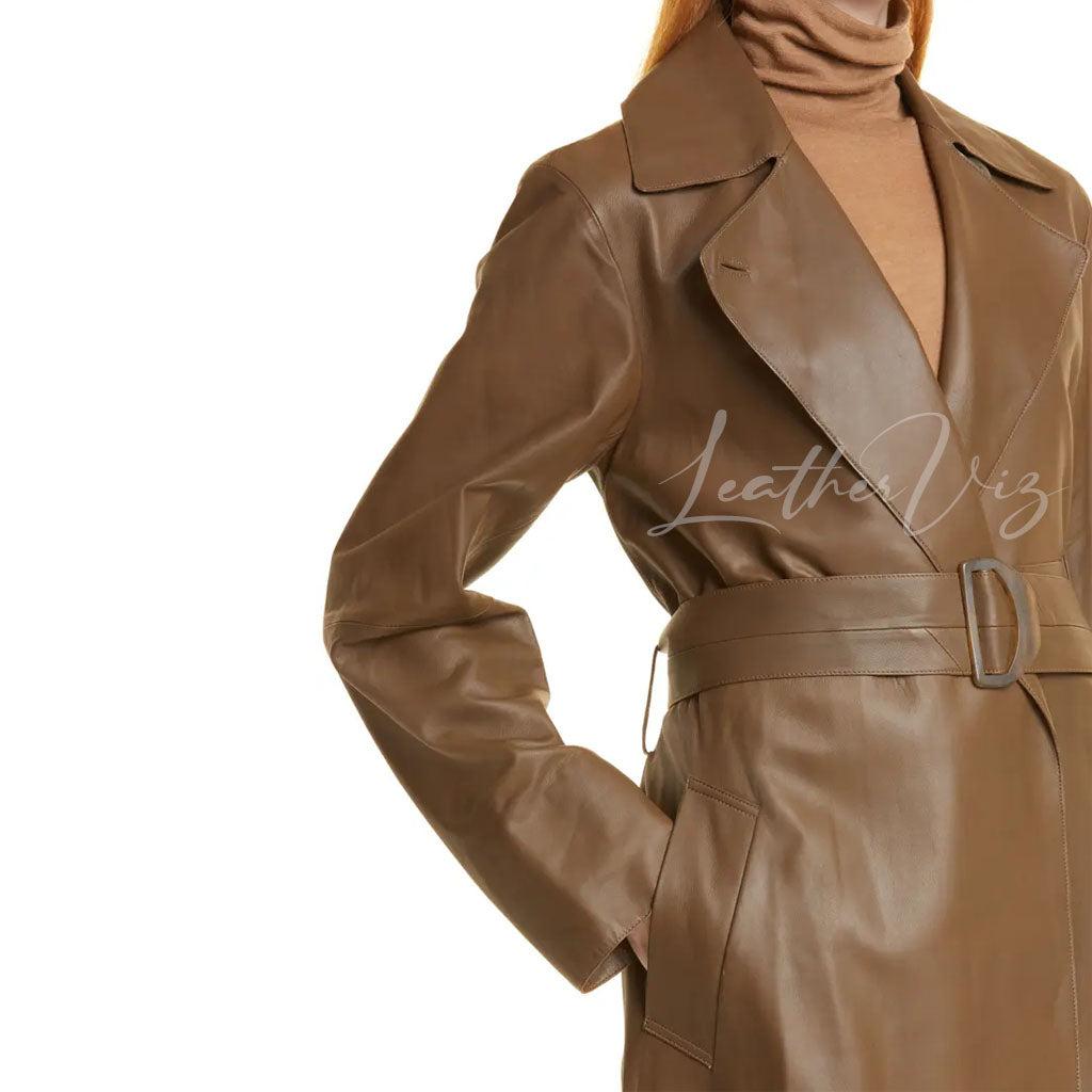BELTED STYLE WOMEN LEATHER TRENCH COAT - Image #2