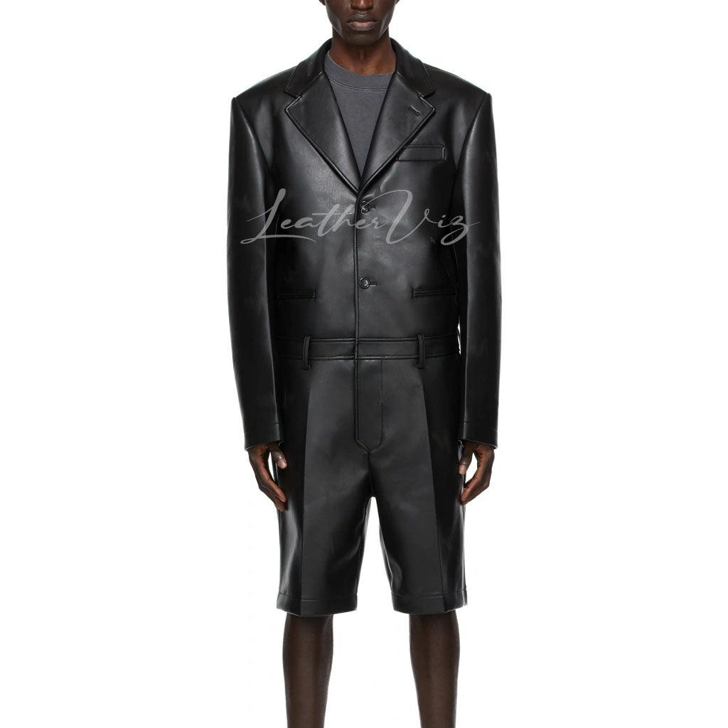 CROPPED LENGTH MEN BLACK LEATHER JUMPSUIT 