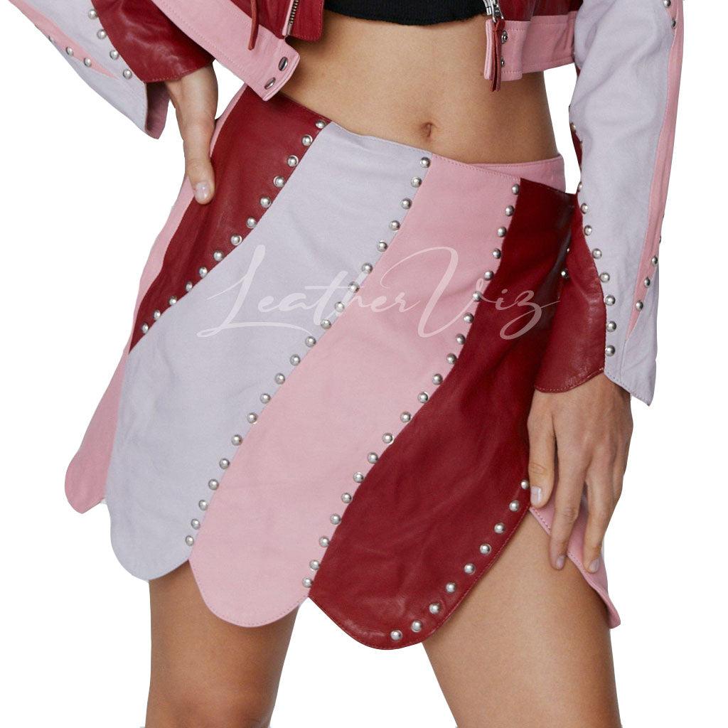 Red white and pink leather skirt
