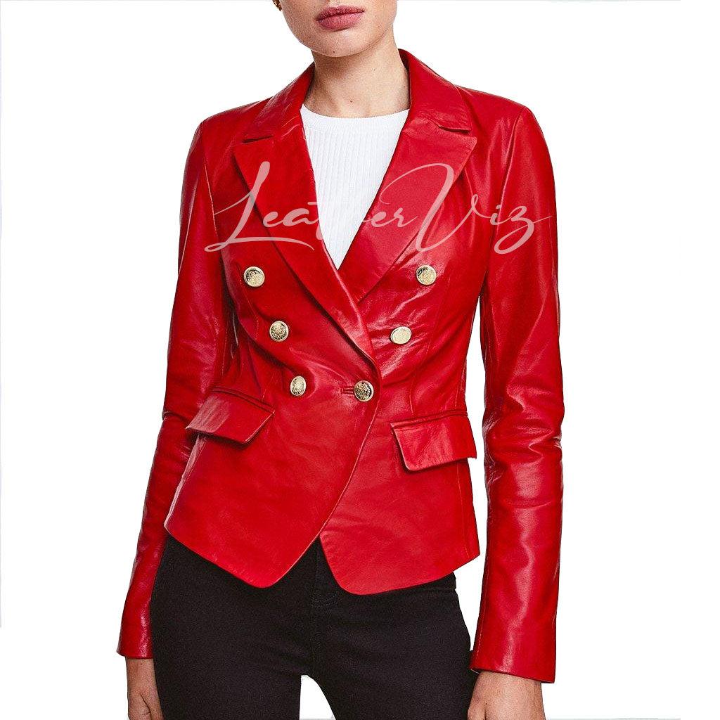 CORPORATE DOUBLE BREASTED WOMEN RED LEATHER BLAZER - Image #1