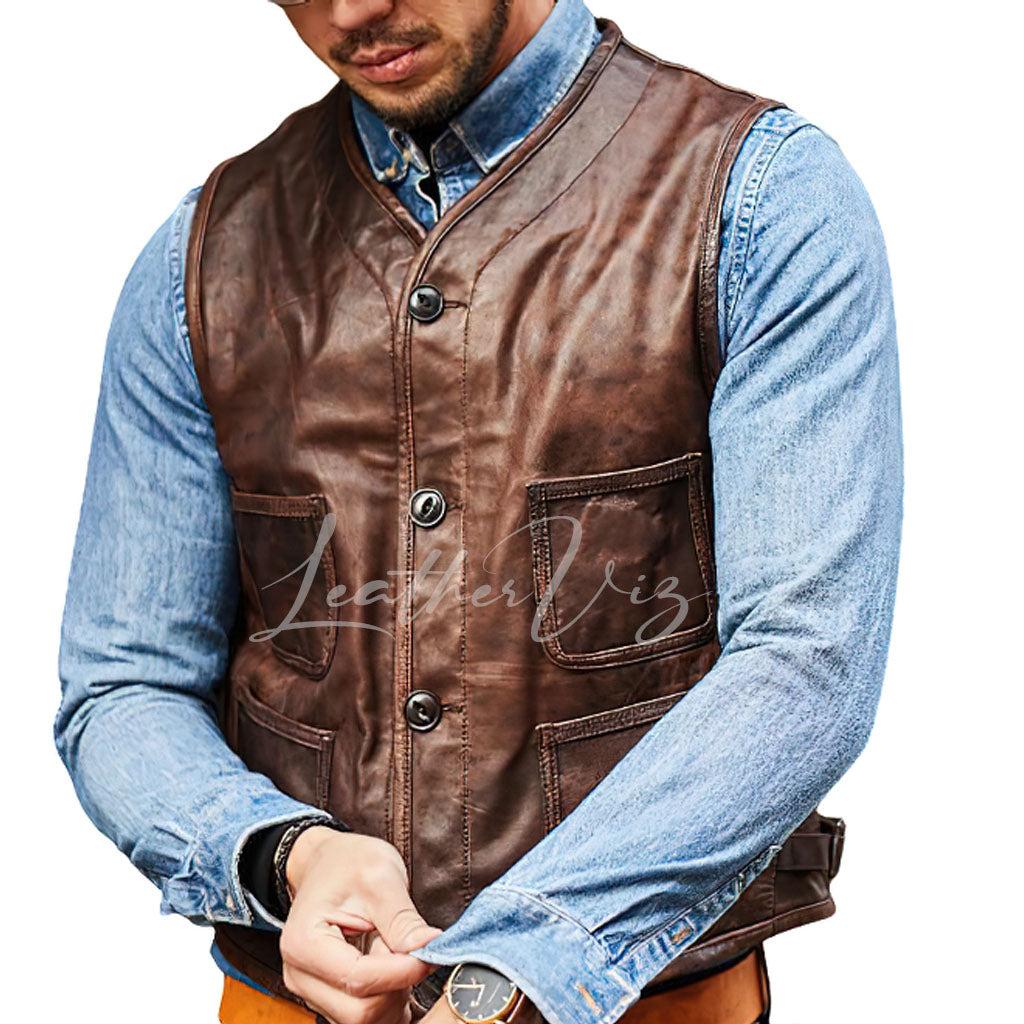 BROWN BIKER LEATHER VEST FOR MEN - Image #1