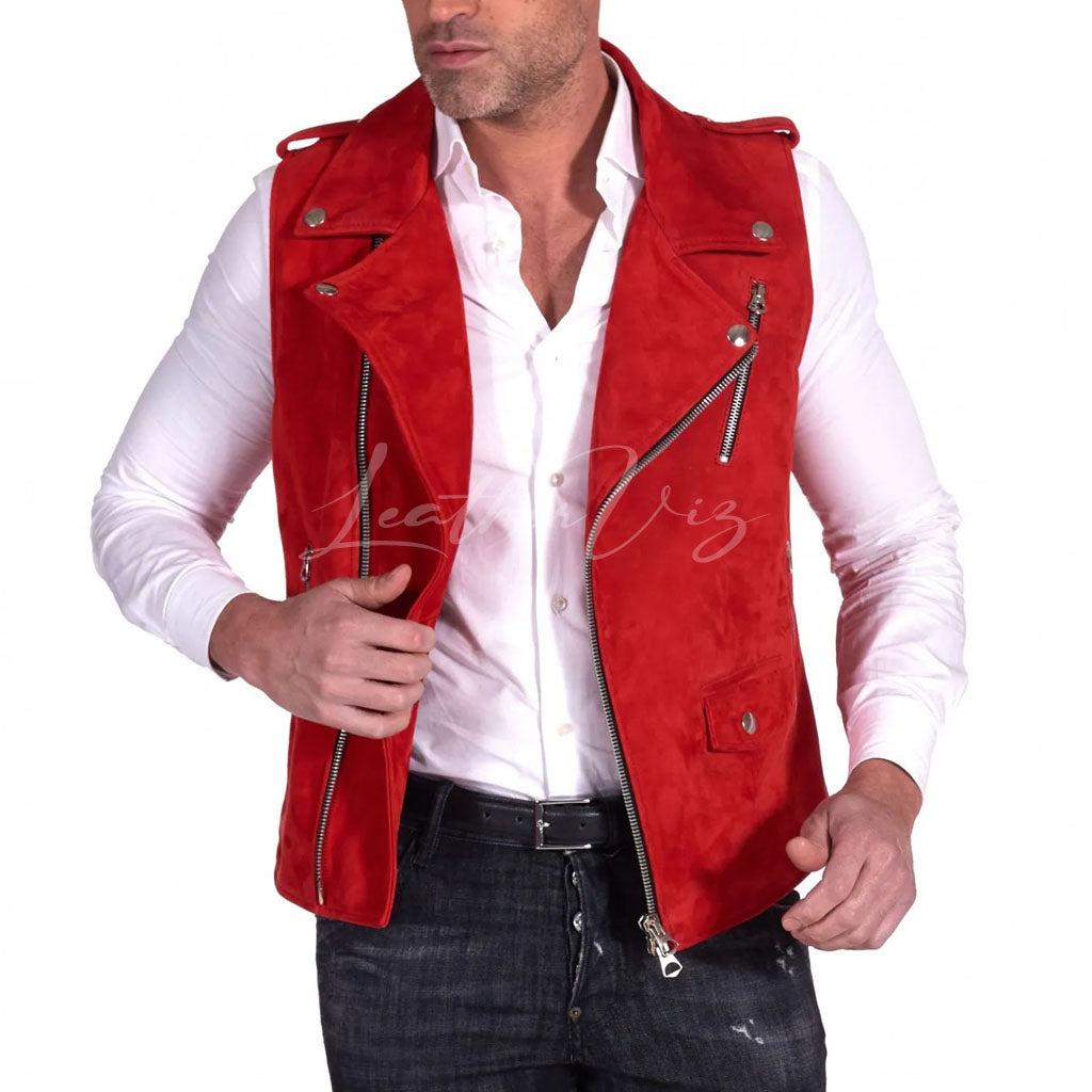 MENS RED SUEDE LEATHER VEST  FOR MEN - Image #1