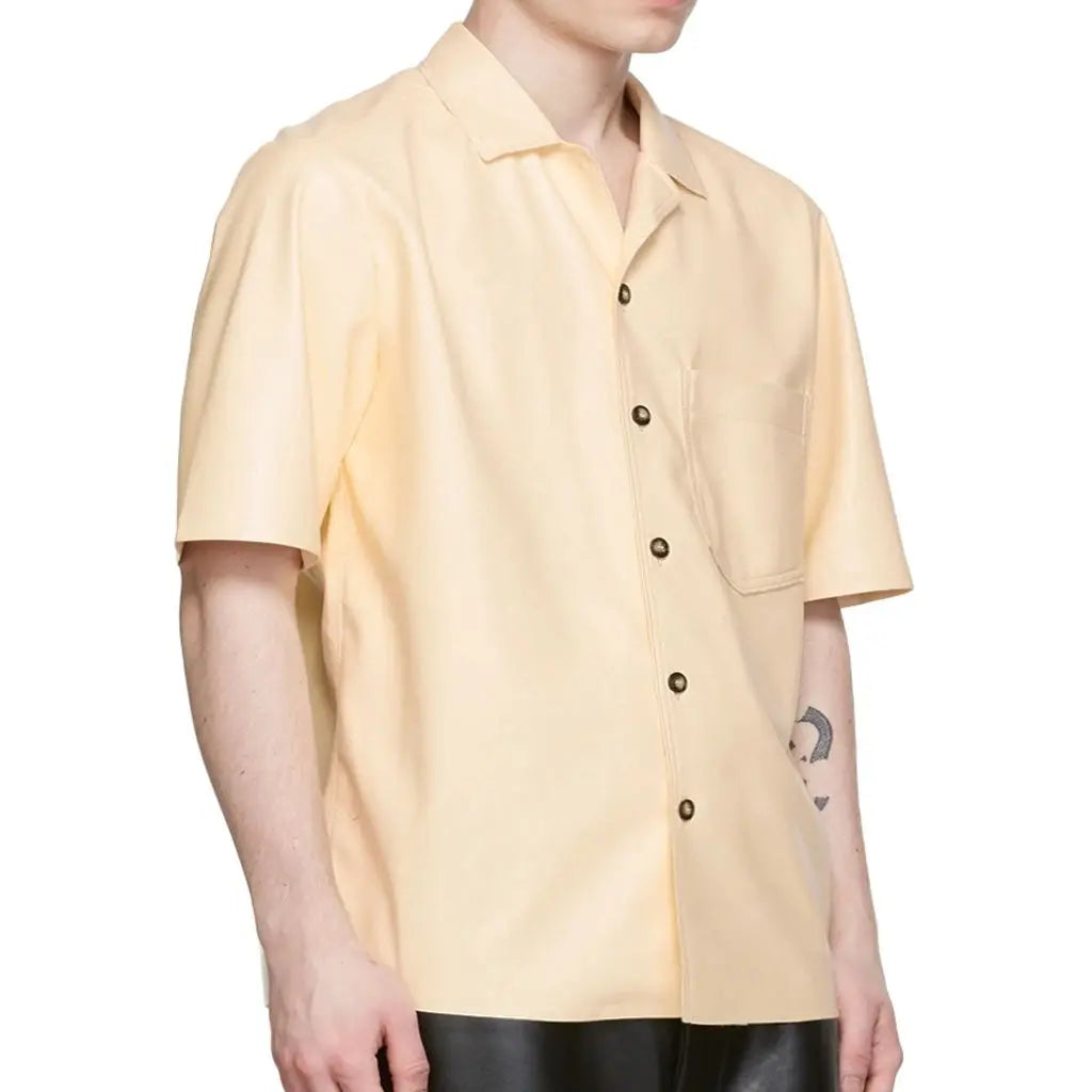 Beige Vegan Leather Shirt For Men - Image #3