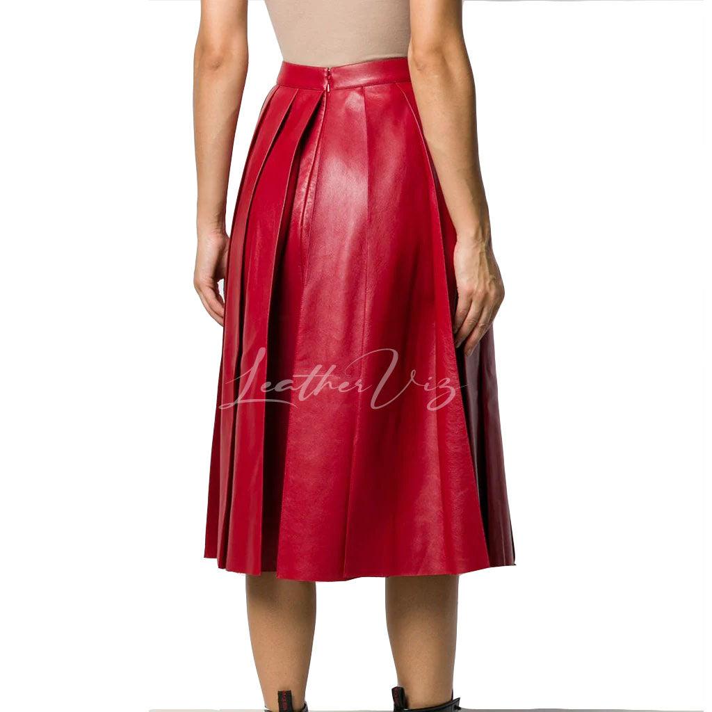 BOX PLEATED RED LEATHER MIDI SKIRT - Image #3