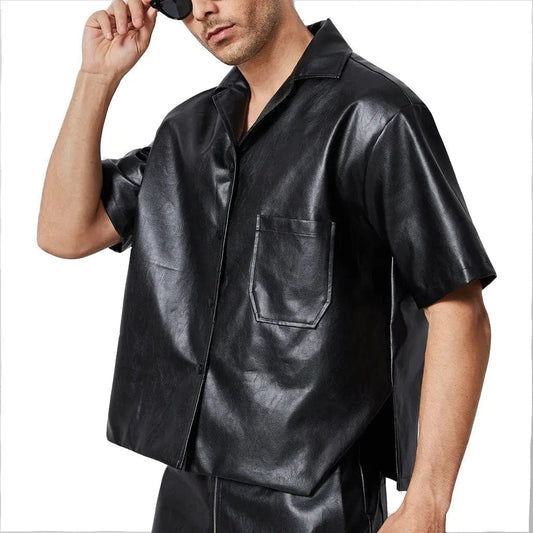 Oversizes Patched Pocket Men Leather Shirt - Image #2