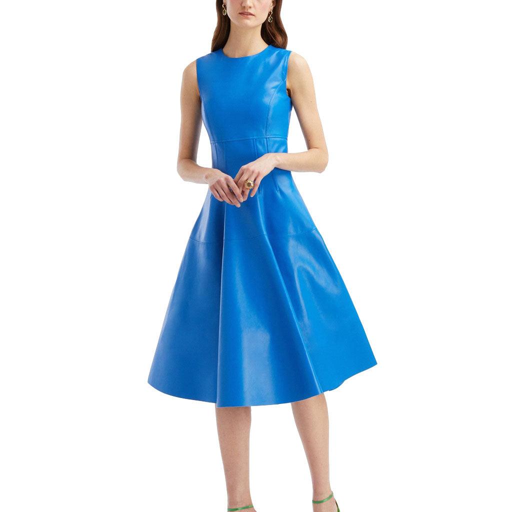 Blue Sleeveless A-Line Leather Dress - Image #1