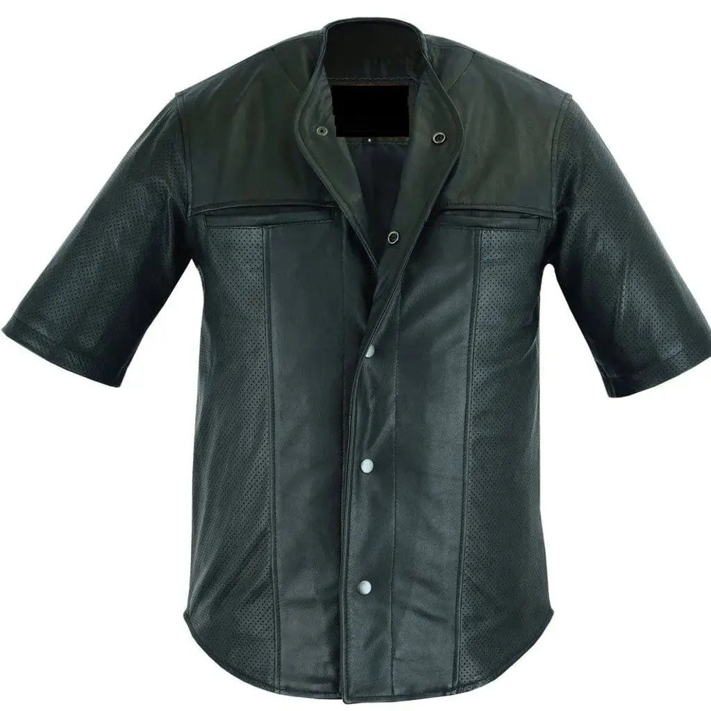 Black Perforated Sheepskin Leather Shirt - Image #1
