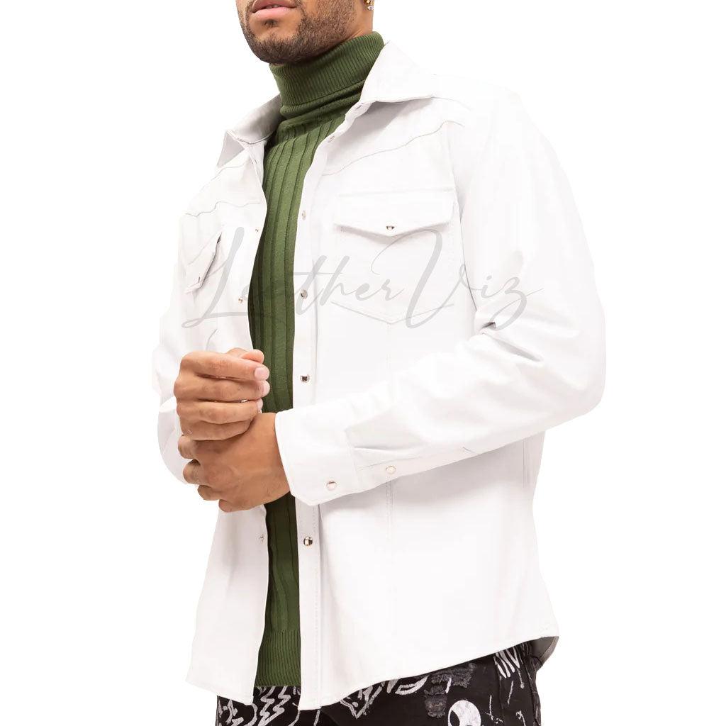 WHITE LAMBSKIN LEATHER BUTTON DOWN SHIRT - Image #1