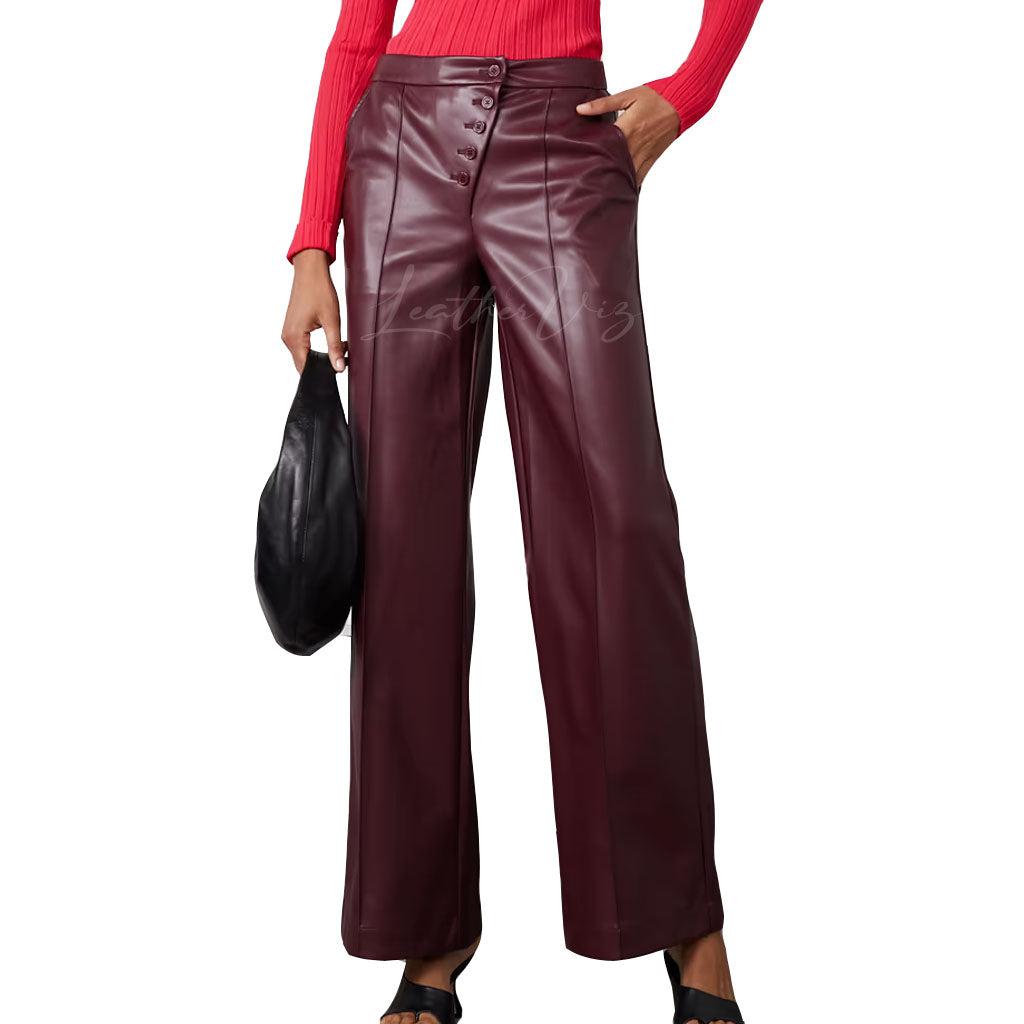 BURGUNDY ASYMMETRIC CLOSURE WIDE LEATHER PANTS - Image #1