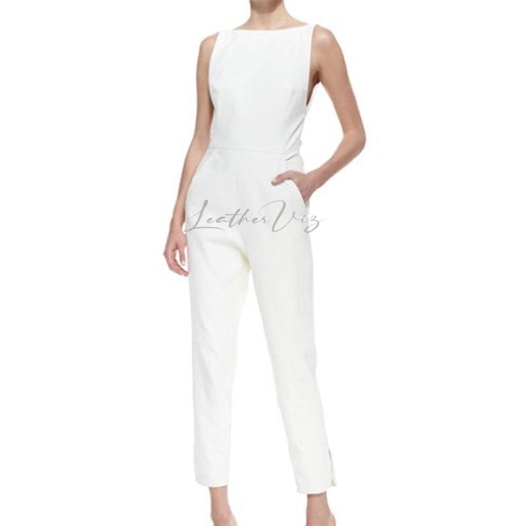 BACK BOW WOMEN WHITE LEATHER JUMPSUIT - Image #1