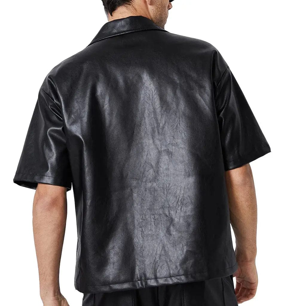 Oversizes Patched Pocket Men Leather Shirt - Image #3