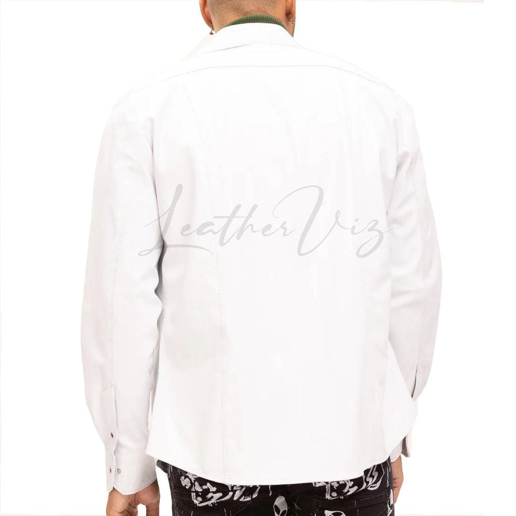 WHITE LAMBSKIN LEATHER BUTTON DOWN SHIRT - Image #2