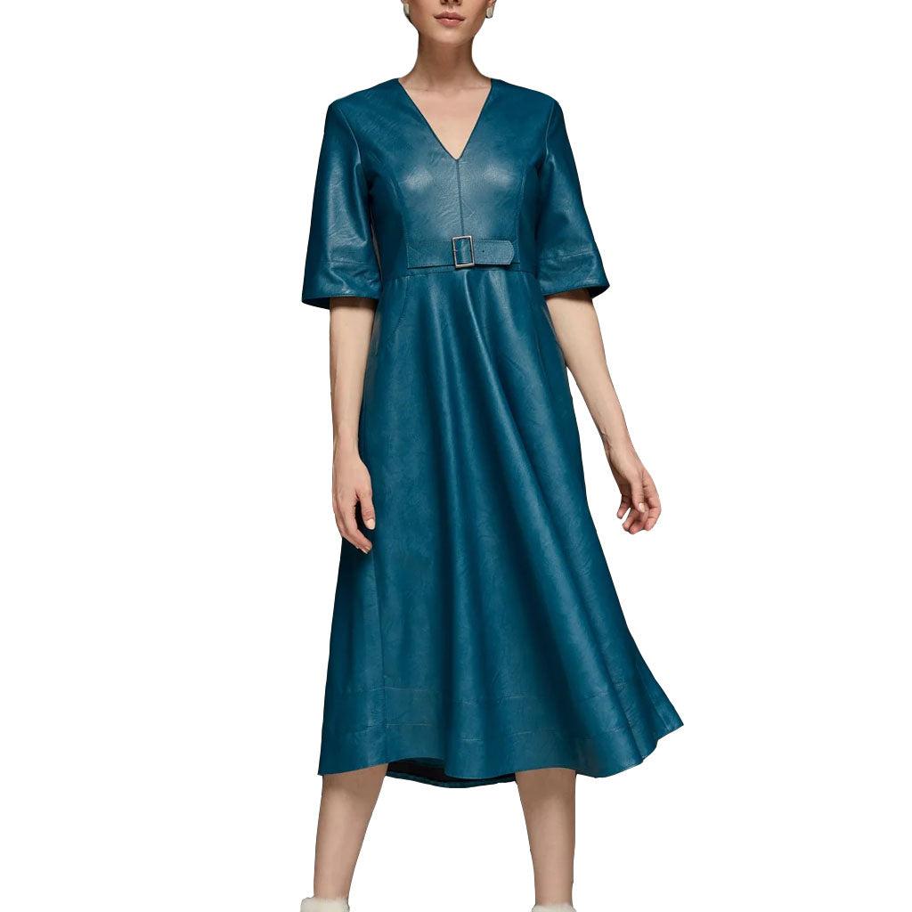 Teal V Neck Flared Leather Dress - Image #1