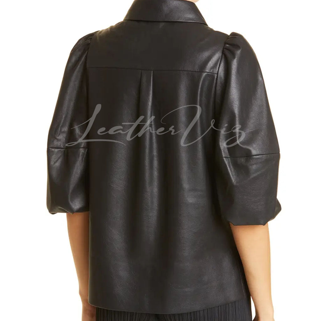 BALLOON SLEEVE SHIRT WOMEN LEATHER BLOUSE