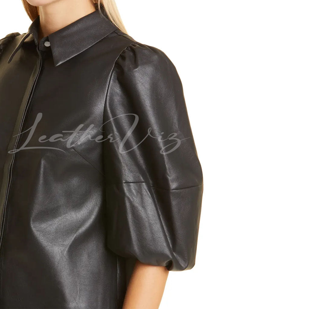 BALLOON SLEEVE SHIRT WOMEN LEATHER BLOUSE