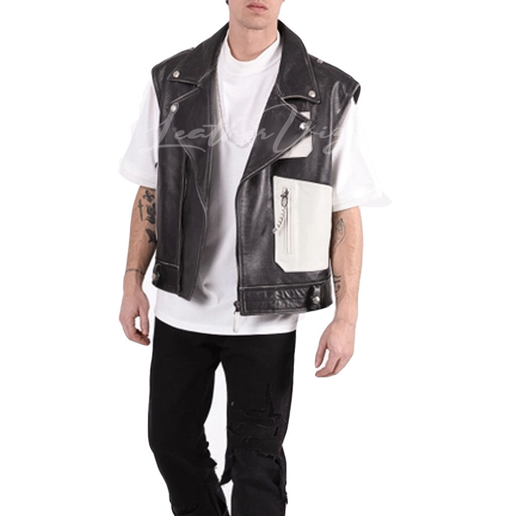 BLACK AND WHITE SLEEVELESS LEATHER VEST FOR MEN