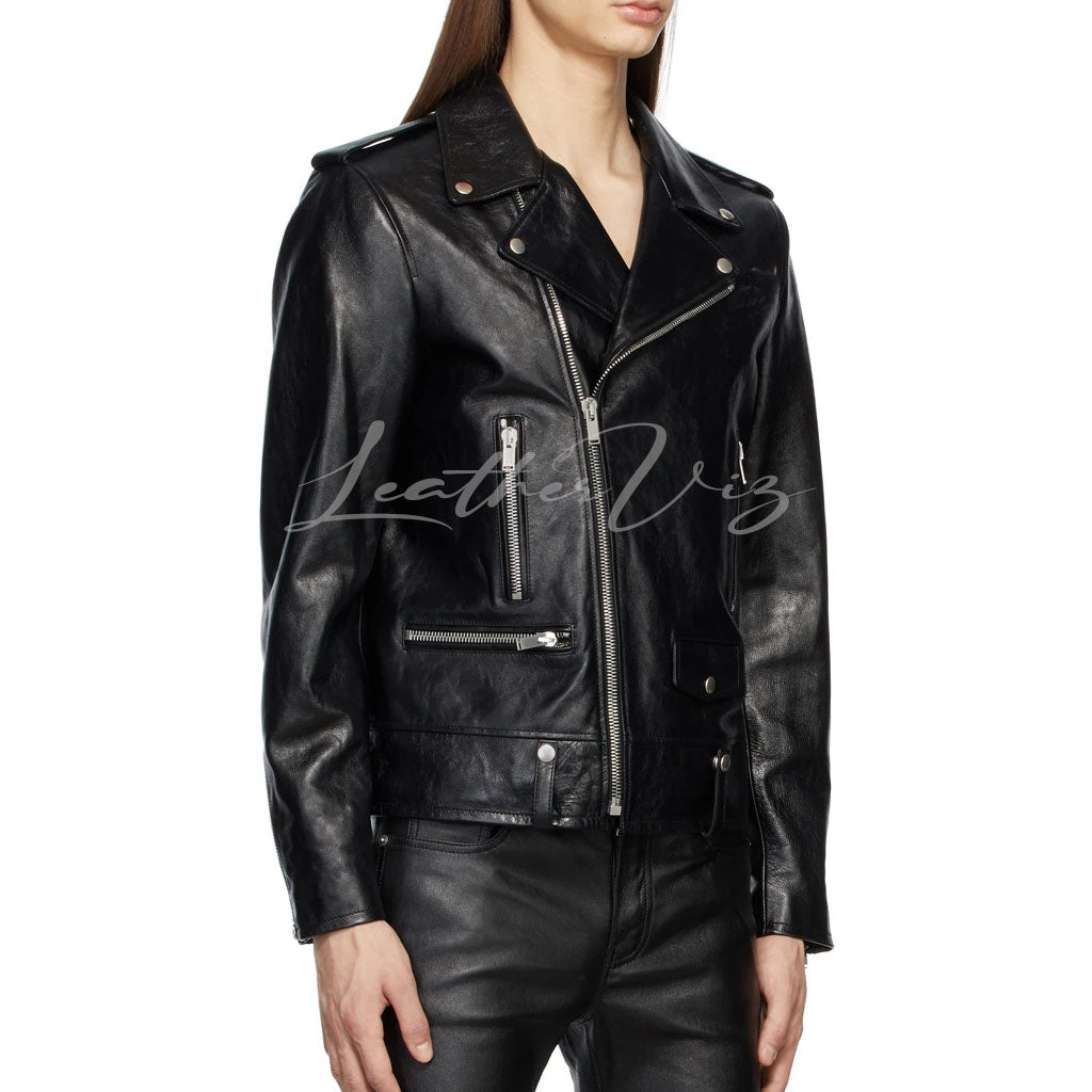 BLACK BIKER MOTORCYCLE MEN LEATHER JACKET