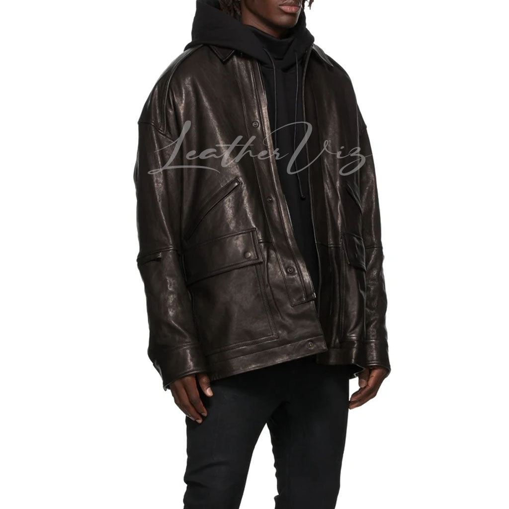 BLACK LEATHER CAR COAT FOR MEN